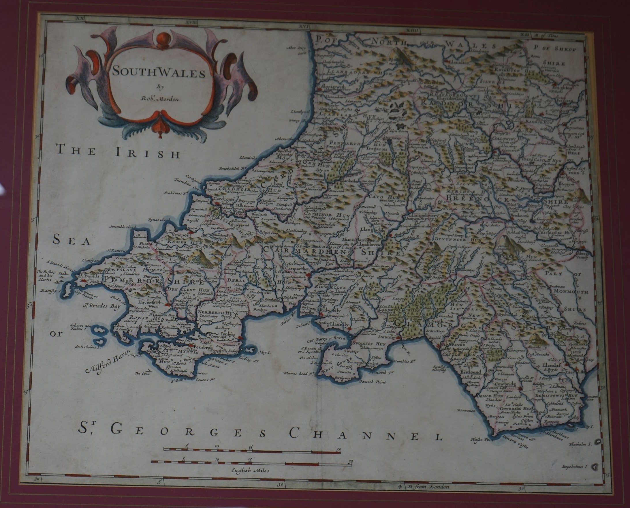 Robert Morden, coloured engraving, Map of South Wales, 36 x 43cm